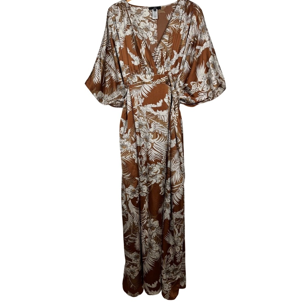 Lulus Kaftan Maxi Dress Empire Waist XL Tan Tropical Boho Satin Holiday Vacay